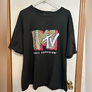 Black MTV Graphic Tee 2XL Leopard Logo Short Sleeve Oversized NWOT